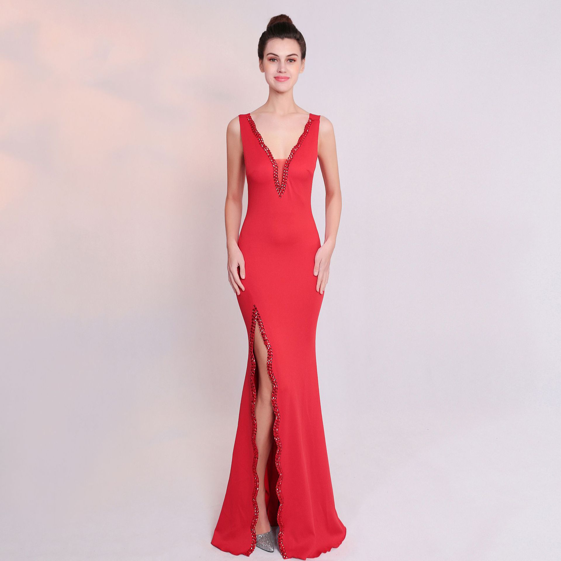 高贵_8220心形深v订钻网纱高开叉鱼尾性感显瘦高贵宴会主持伴娘晚礼服