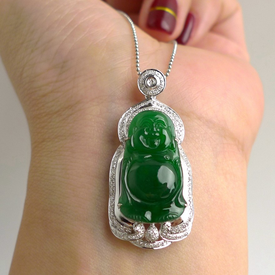 18k金伴钻石镶老坑种满绿缅甸a货翡翠站佛吊坠 6.44g