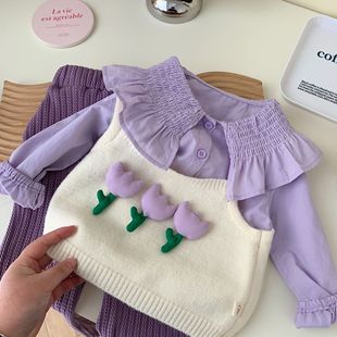韩版新款女童针织吊带衫春季女宝宝花朵上衣撞色毛衣马甲衬衫套装