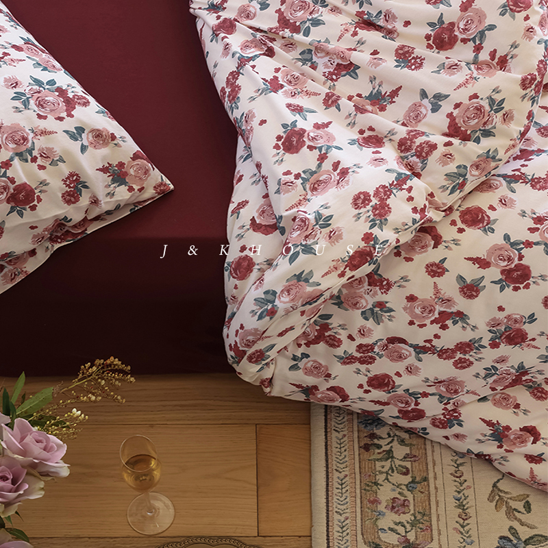 Flower |复古玫瑰针织棉四件套纯棉全棉床单床品床笠式印花田园风