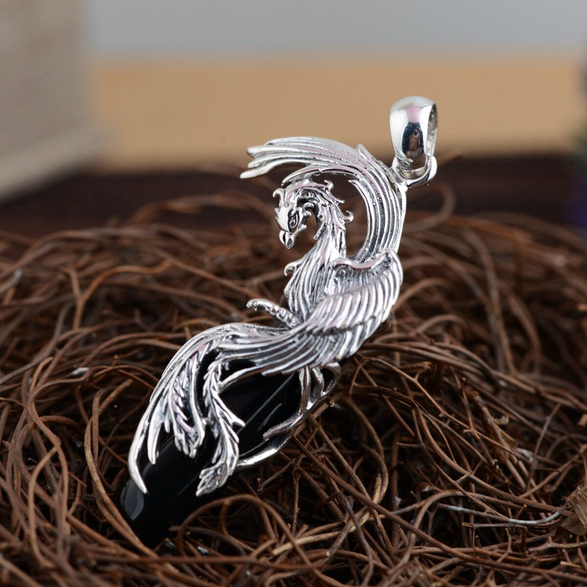 纯银凤凰吊坠s925银复古泰银镶嵌玛瑙项坠饰品银饰小众设计中式女