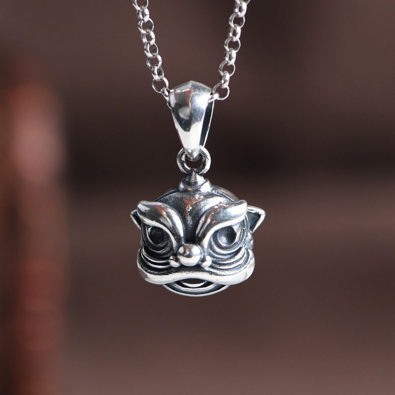 纯银狮头吊坠醒狮狮子复古s925银银饰项坠小动物个性设计饰品男女