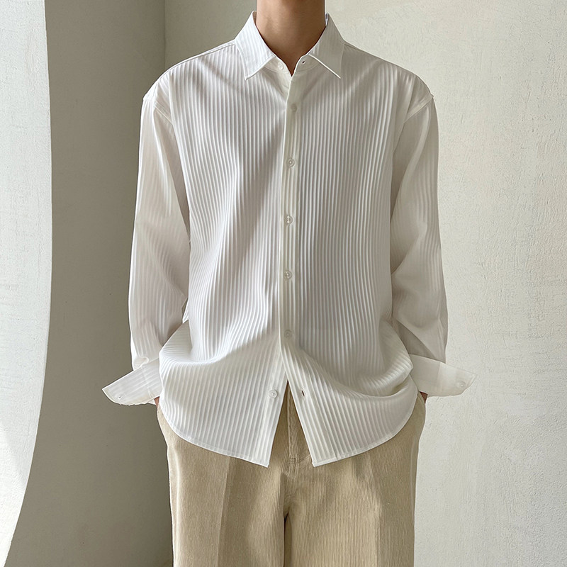 轻熟风垂感坑条褶皱长袖宽松衬衫白s113p68控88