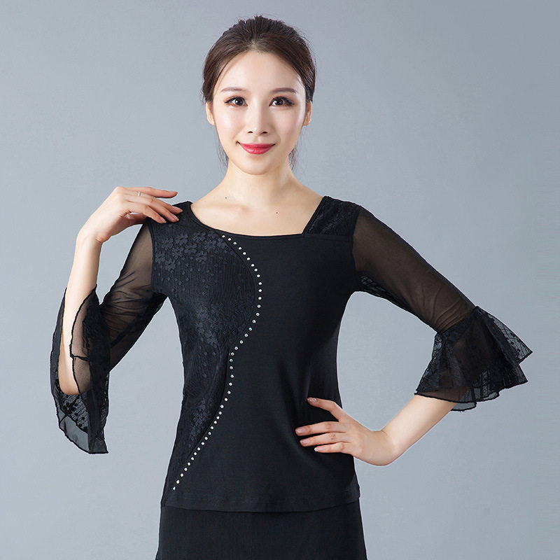 广场舞服装上衣女长袖春秋交谊舞成人练习服摩登拉丁舞中老年修身