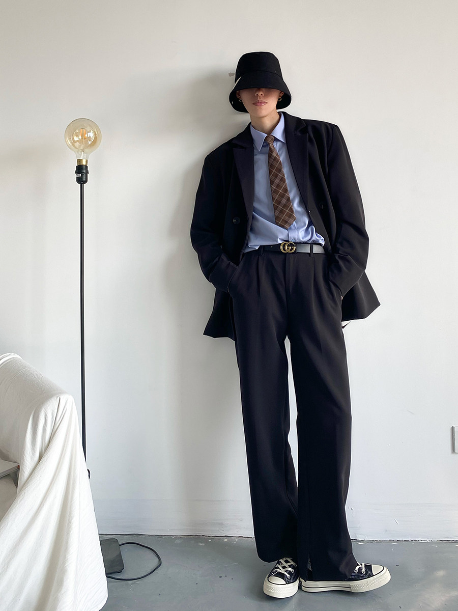 韩版ins黑色潮流西服套装男士帅气上班族绅士休闲宽松西装外套男