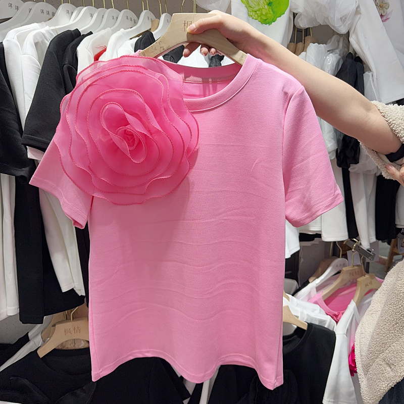 夏季新款高级感韩版宽松休闲百搭重工立体花朵圆领短袖T恤女上衣