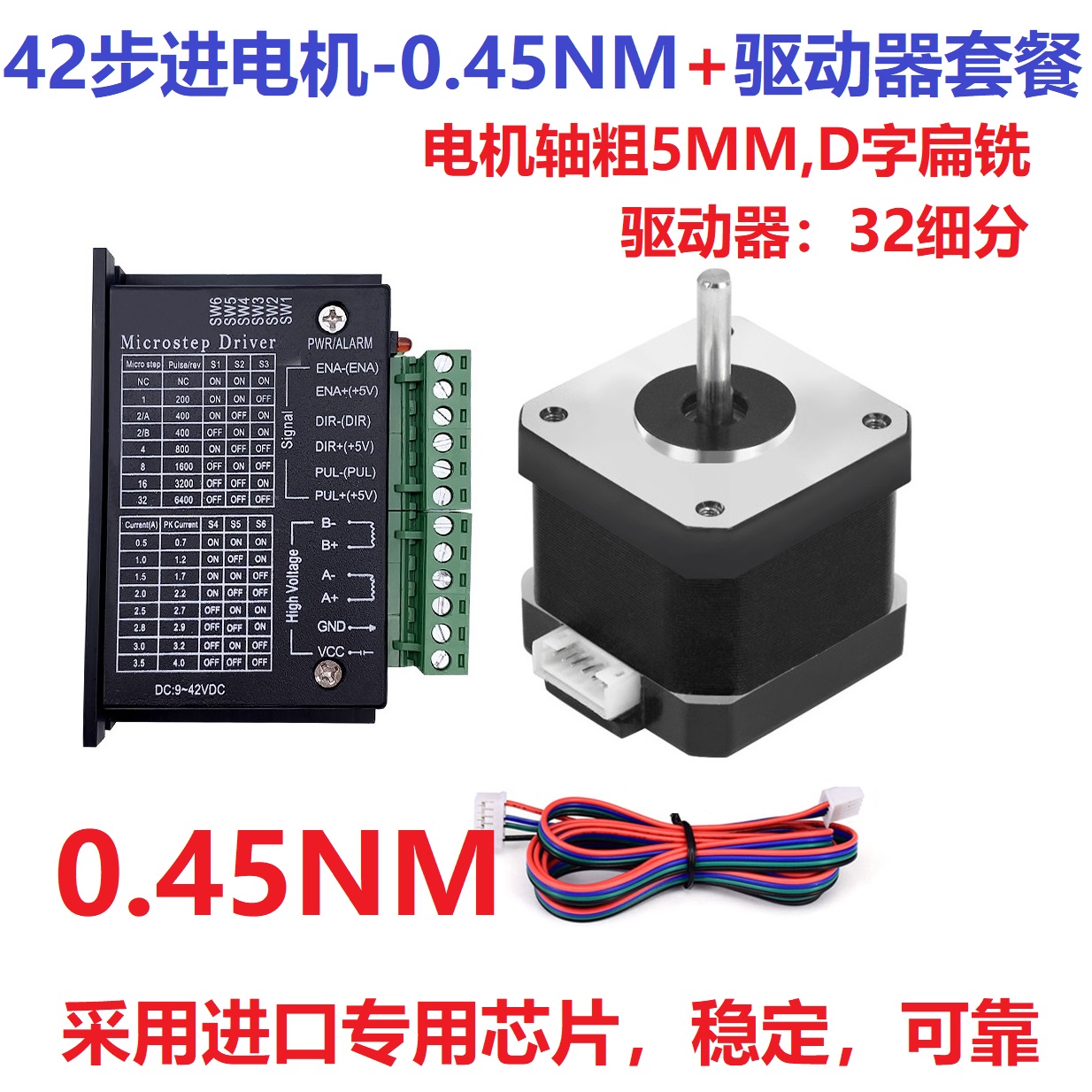 经济型42步进电机套装餐 扭矩0.45NM 轴粗5+驱动器4A,32细分9-42V