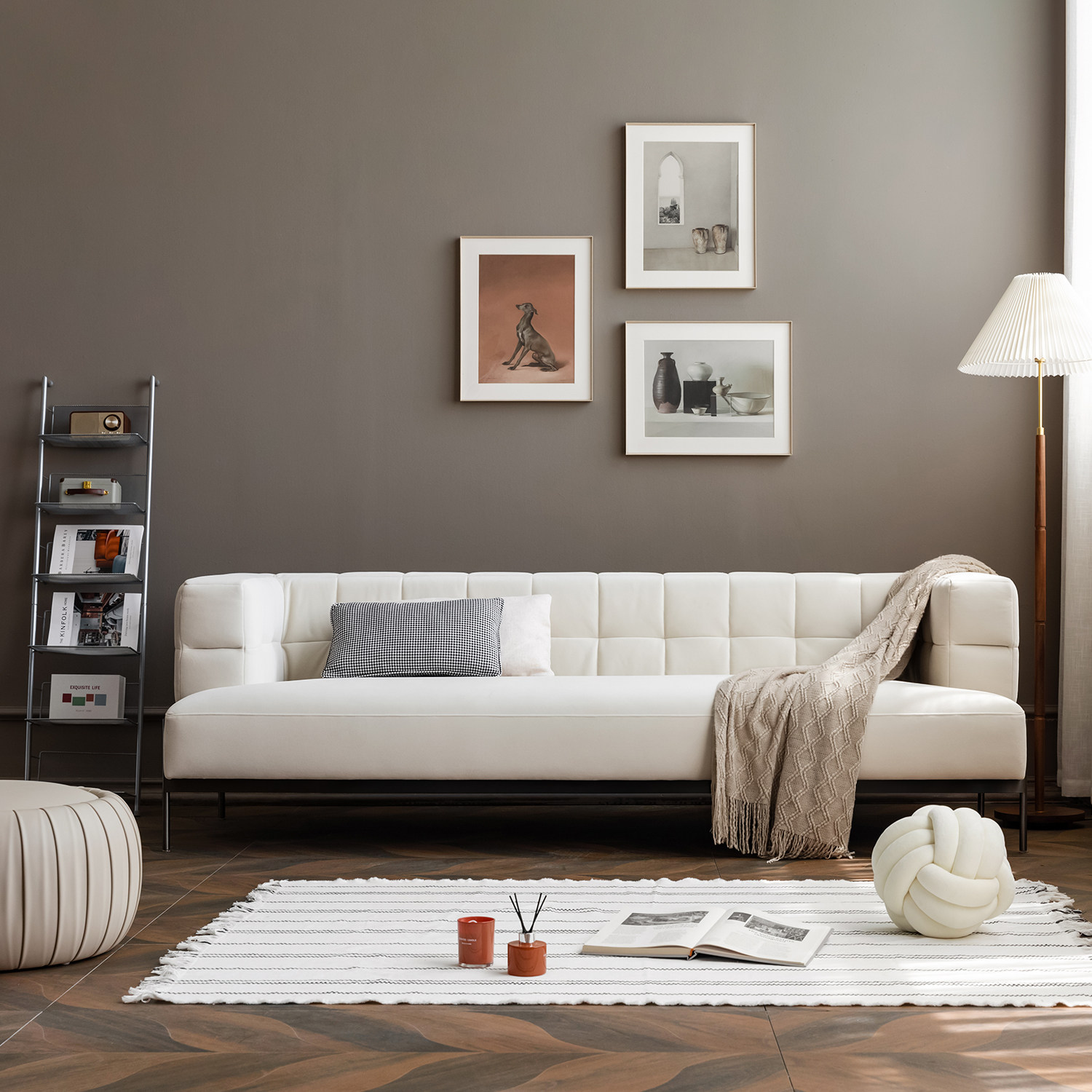 土豆窝北欧复古网红博主简约方格小户型客厅米色丝绒三人布艺沙发