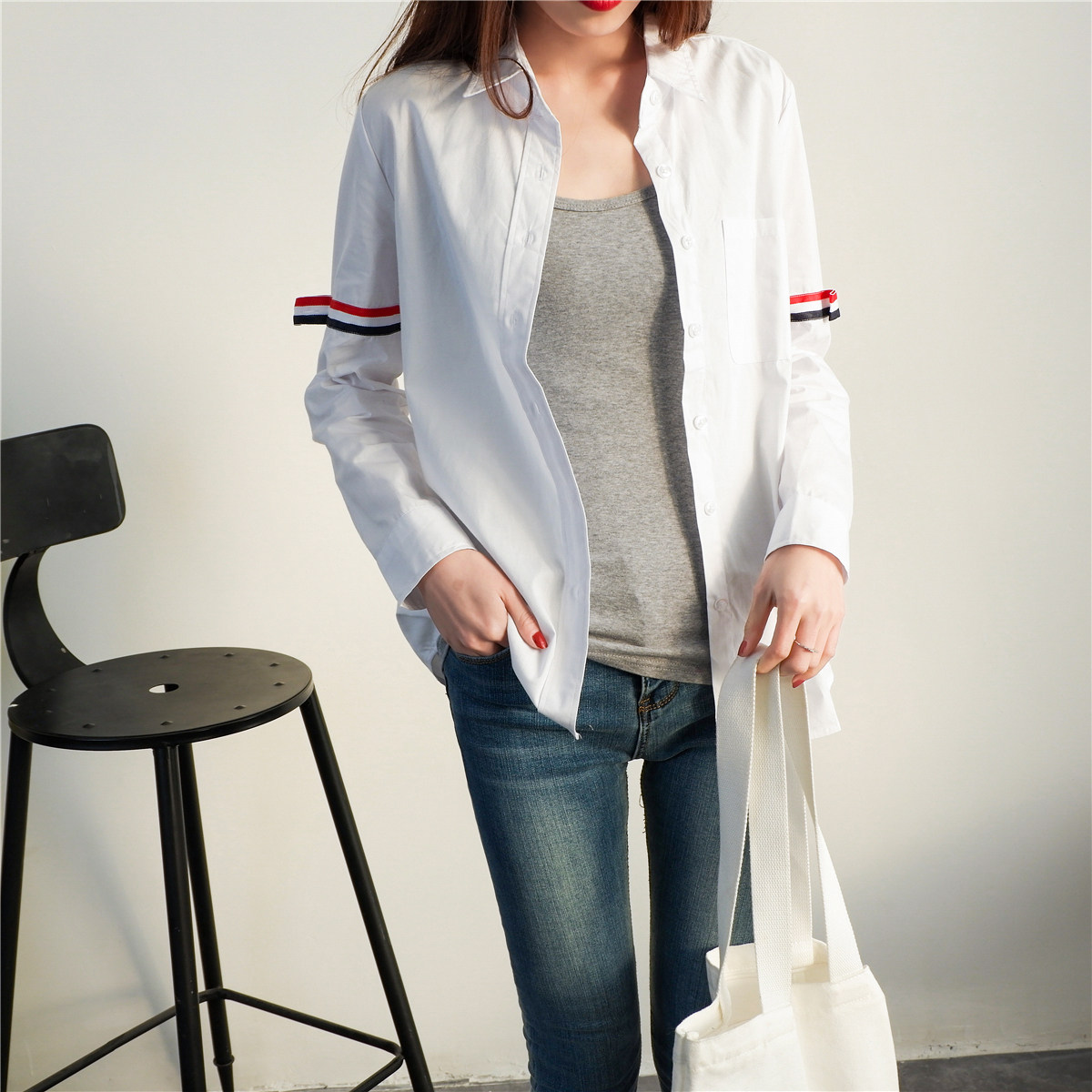 特价tb衬衣 thonnbrowns_纯棉外穿长袖打底衬衣女tb织带白衬衫2020