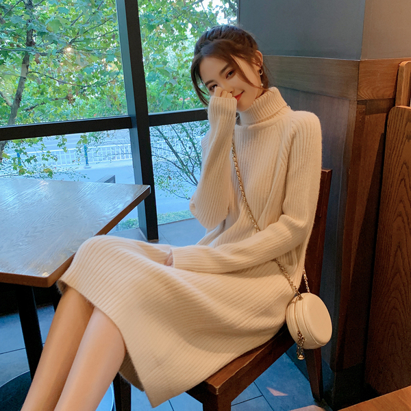 高领内搭打底裙针织连衣裙女秋冬后开叉法式长款毛衣裙过膝裙子