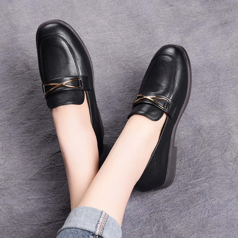 阿清鞋业的优惠券大全—2020新款真皮粗跟乐福鞋女一脚蹬春秋款两穿懒