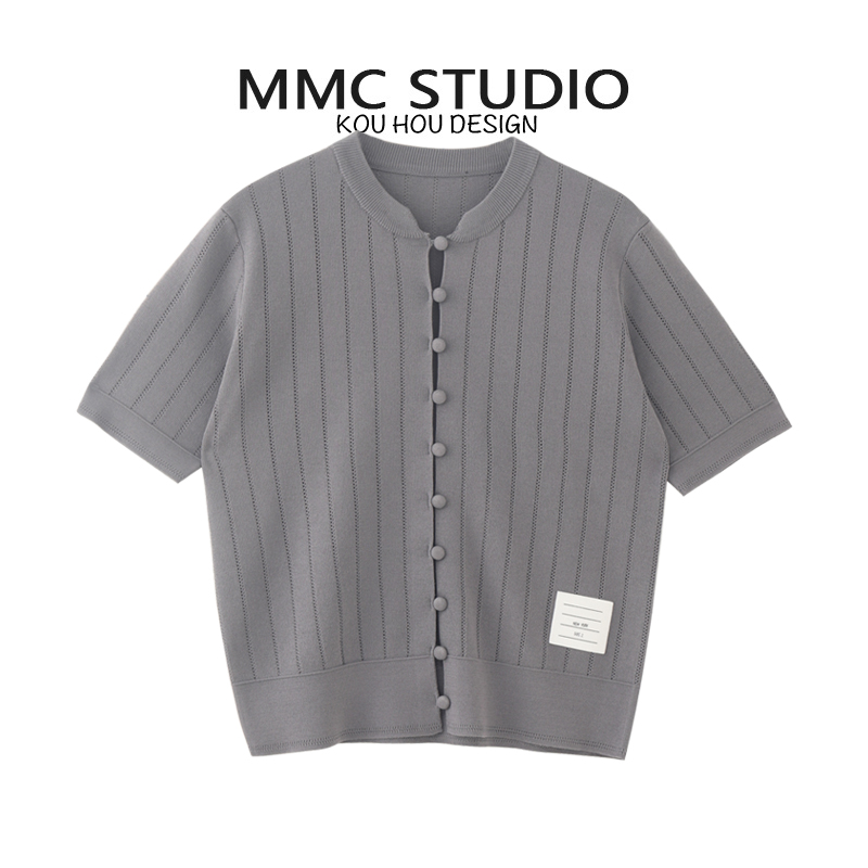 MMC TB复古风学院风盘扣小众设计感减龄冰丝针织开衫短袖T恤上衣