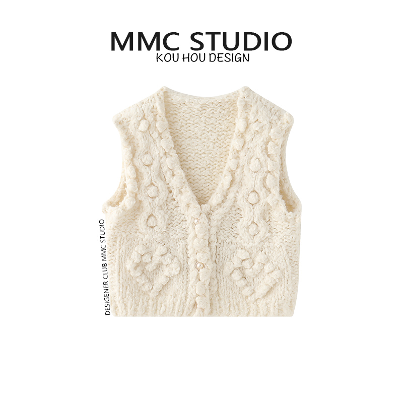 mmc 秋冬新款重工手工豆豆编织v领马甲开衫女棒针加厚无袖背心