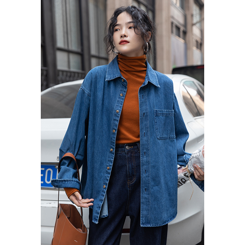 觅定复古蓝色牛仔衬衫女秋冬设计感小众叠穿内搭打底上衣2021新款