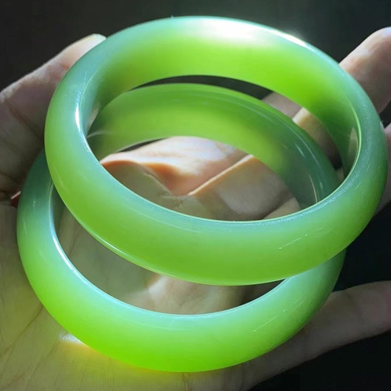 新疆天然金丝玉和田双胞胎手镯精美碧玉粉青手镯尺寸59/16,59/15