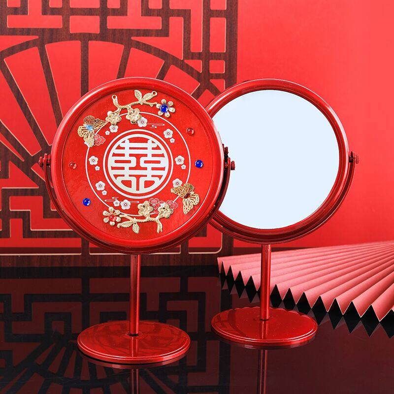 结婚镜子单面新娘红色中式复古化妆镜一对随身镜梳妆台镜女方陪嫁