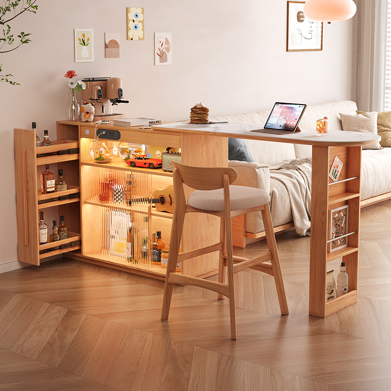 小木屋现代简约日式岩板吧台隔断一体伸缩可移动餐桌小户型储物桌