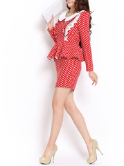 Retro spring of Mambo ~2015 new polka dot dresses with lace frills commuter white collar long sleeve wool