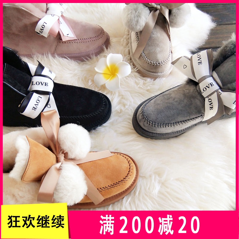 冬新款皮毛一体厚羊毛防滑短靴猪八革凯琳毛球蝴蝶结精品雪地靴女|ruв категории Женская обувь, 靴子, 时尚雪地靴 - от Buy2taobao.com для оказания профессиональной услуги покупки агента Taobao