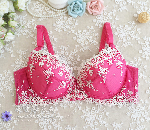 日本高端刺绣v型性感前搭扣式有钢圈女内衣文胸胸罩玫红色7075bc