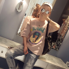 韩版印花短袖T恤女2016夏季原宿宽松中长款打底衫大码中袖体恤潮