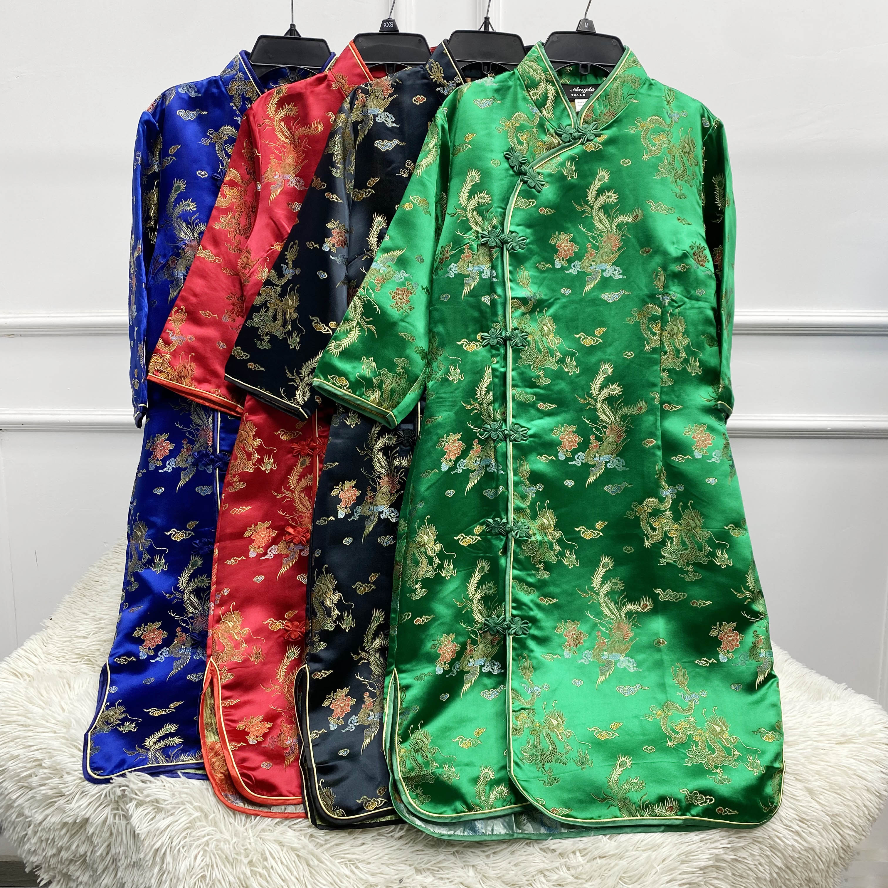 凡写经典老货真丝桑蚕丝龙凤款织锦缎七分袖复古宽松中长款旗袍