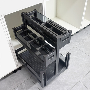 厨房橱柜窄柜铝合金调味拉篮调料篮活动式置物架多层储物阻尼底轨
