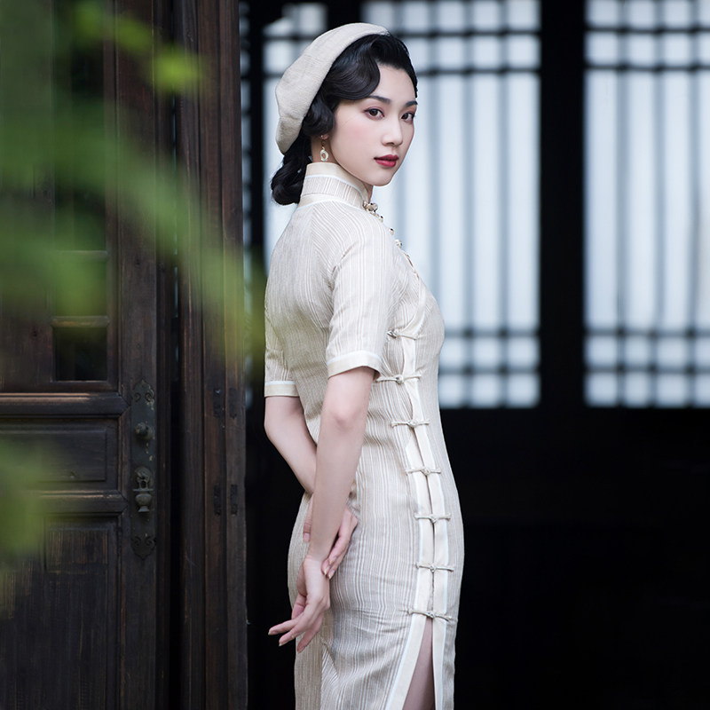 红馆棉麻旗袍女亚麻中长款手工盘扣全开襟复古民国老上海闲梦江