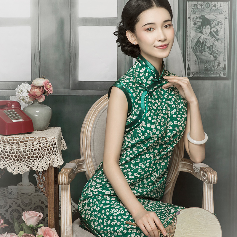 红馆旗袍2022年桑蚕丝月牙袖日常连衣裙修身短款中式礼服拂绿萍