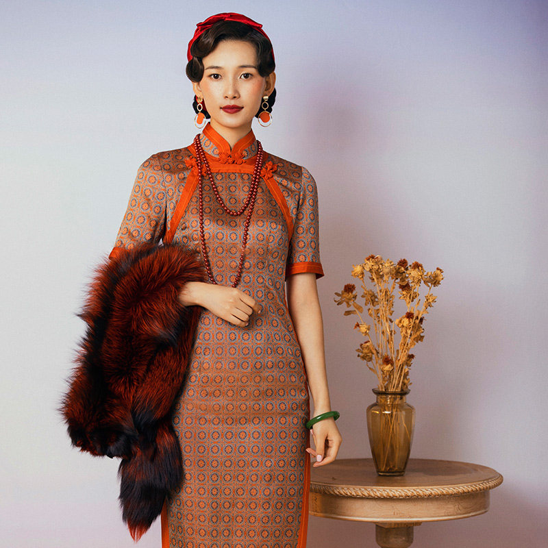 红馆宋锦短袖长旗袍日常复古斜襟纯手工定制传统中式女装书瑶锦