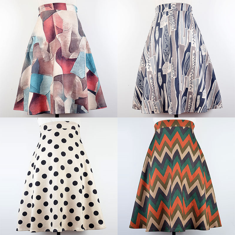 2022春季新款复古印花半身裙高腰大摆皮绒波纹图案a字裙中长款女