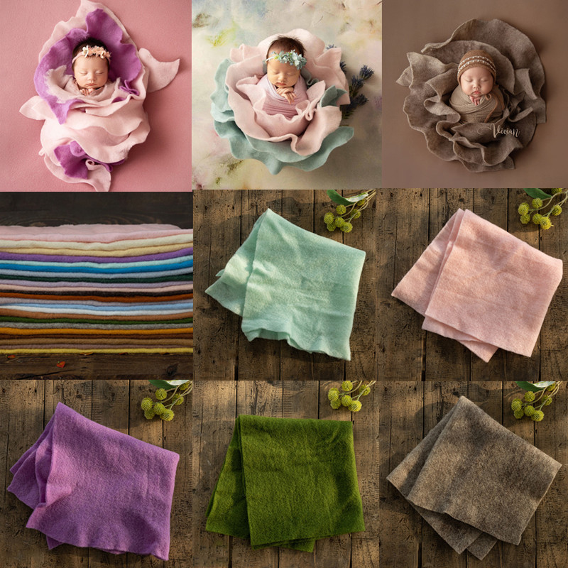 新生儿摄影道具羊毛毡包裹宝宝拍照花束装饰方形布毯子婴儿月子照