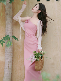 SOLENELARA法式粉色吊带立体花朵简约气质连衣裙开衫两件套优雅气