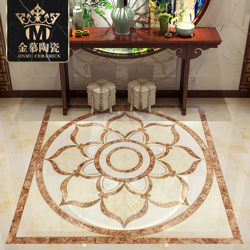 t新中式地砖黄色瓷砖莲花入户玄关走廊拼图仿水刀拼花地板砖