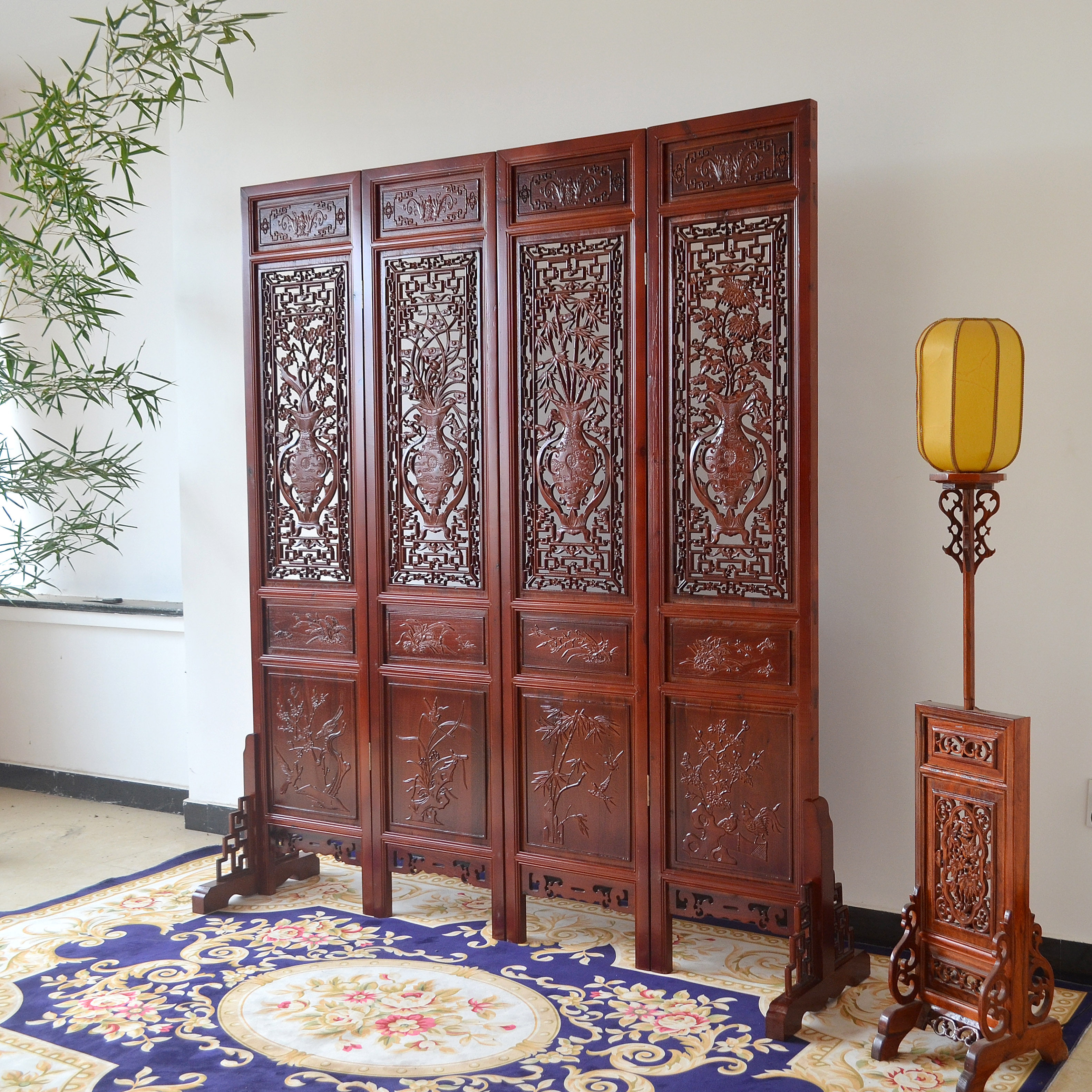 (今日3.5折)屏风隔断实木花格中式仿古茶楼客厅折屏移动樟木双面雕花