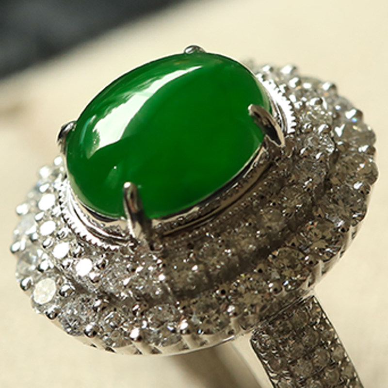 老坑冰种帝王绿18k金镶钻翡翠戒指6.69克c4181