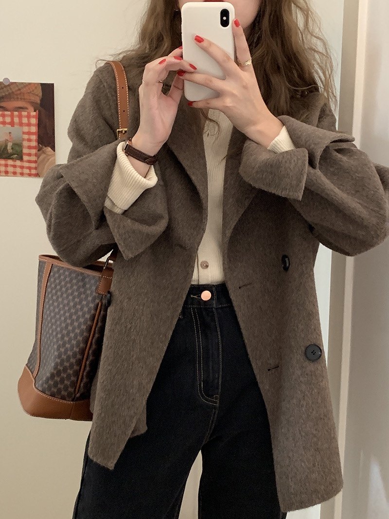 2021秋冬新款小小幸运可可色双面羊绒大衣女短款100%纯羊毛呢外套