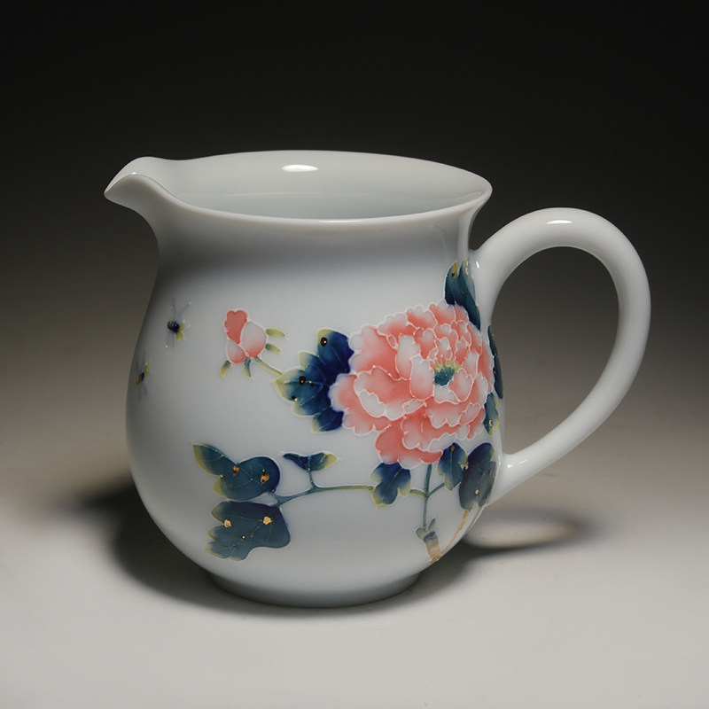 台湾茶具杨金本手绘浮雕牡丹公杯三希公道杯陶瓷釉上彩分茶器