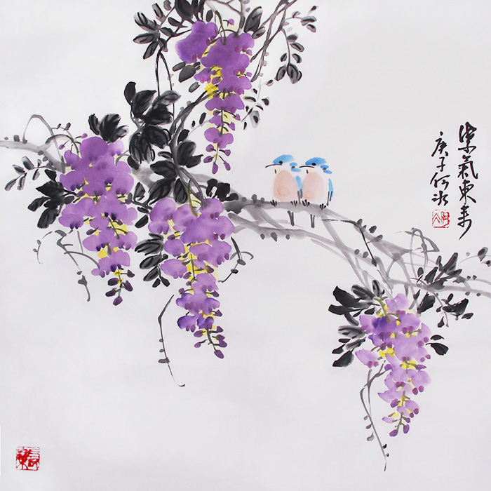 何冰原创国画紫藤花鸟画手绘原稿中式客厅装饰画挂画斗方字画新款