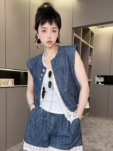 RR fashion 无袖马甲短裤蕾丝拼接牛仔套装两件套女2024夏季新款