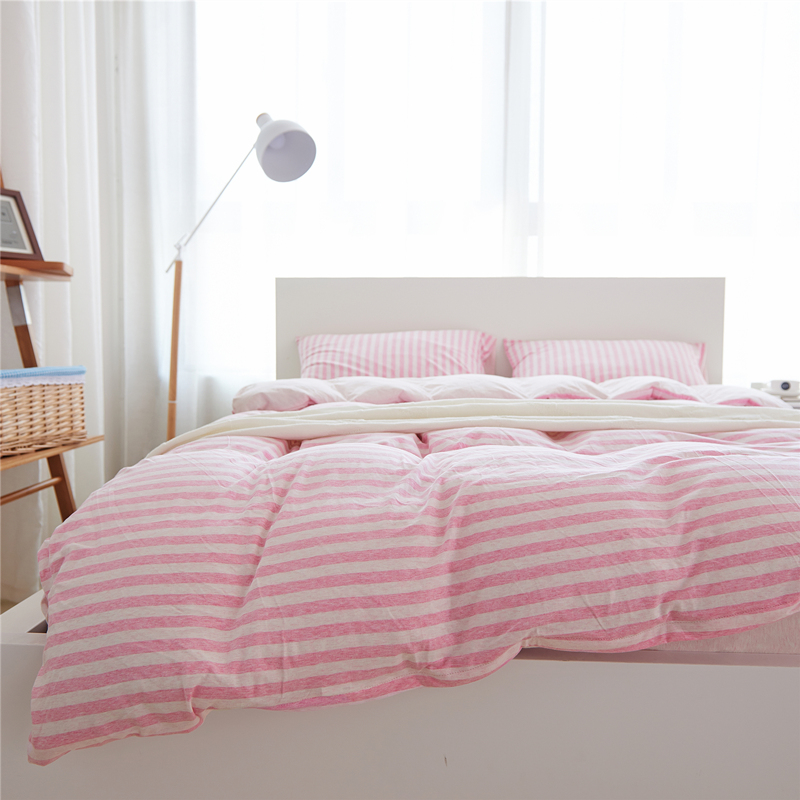 天竺棉针织四件套全棉床品 简约纯棉条纹被套纯色床单4件套床笠款