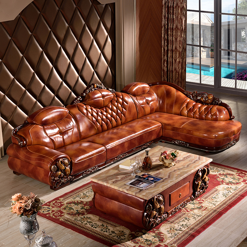 欧式真皮沙发头层牛皮转角贵妃组合客厅高档奢华美式橡木皮艺沙发