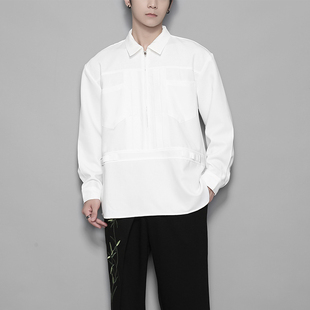 潮男原创日系港风个性织带拼接半拉链设计白色休闲衬衫男长袖上衣