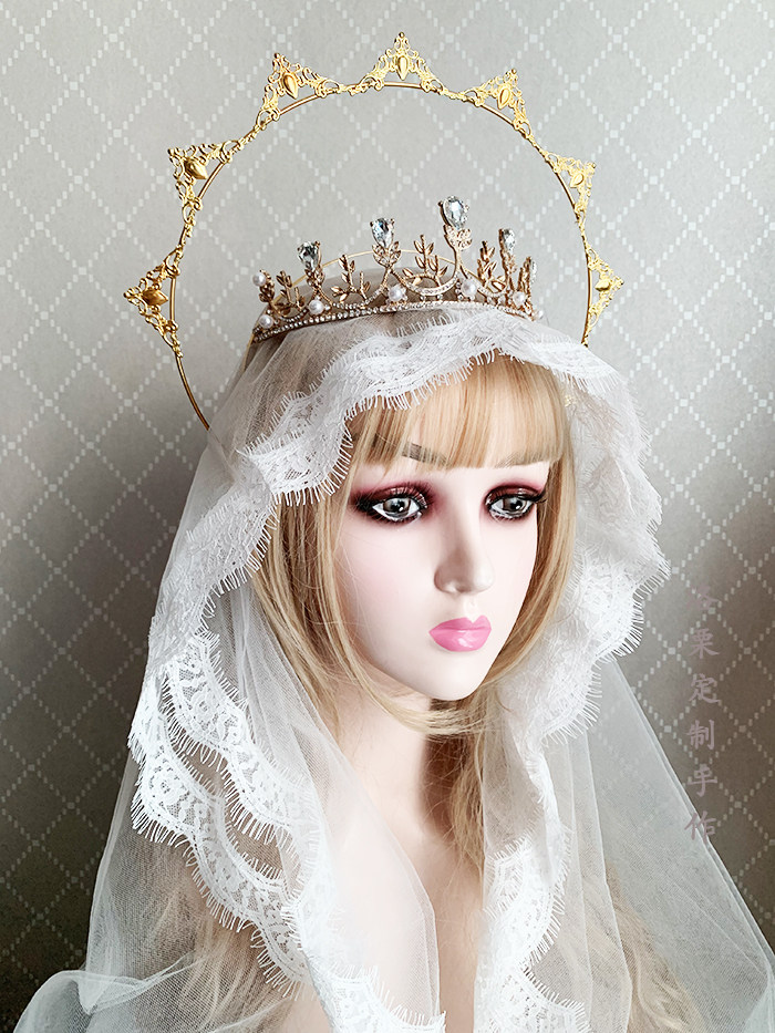 lolita圣母头冠玛丽亚の眼泪光环皇冠水晶发箍头冠头饰镶嵌宝石