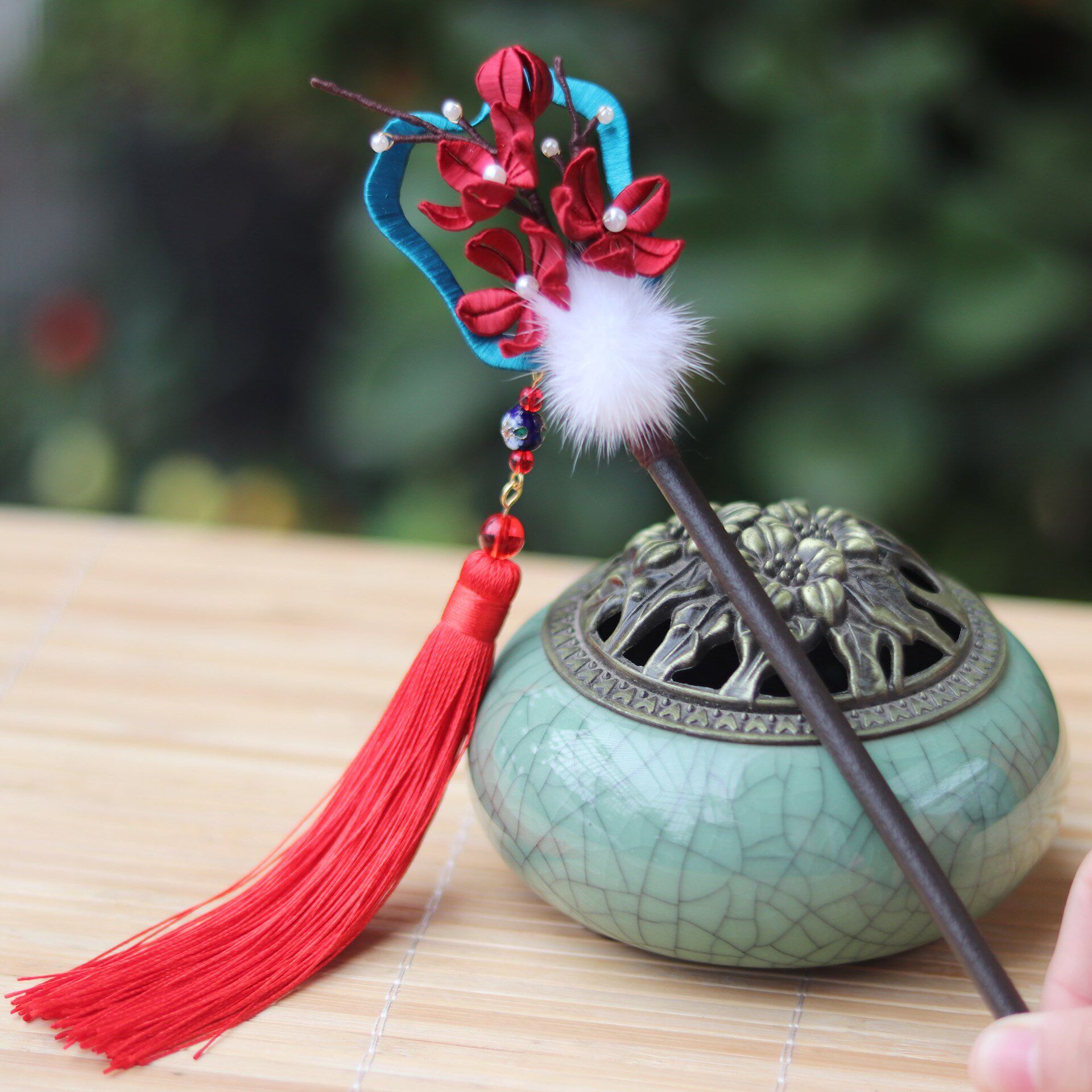 云山梦舟|梅妃雪|缠花扇形发簪国风发饰毛球头饰汉服配饰流苏步摇