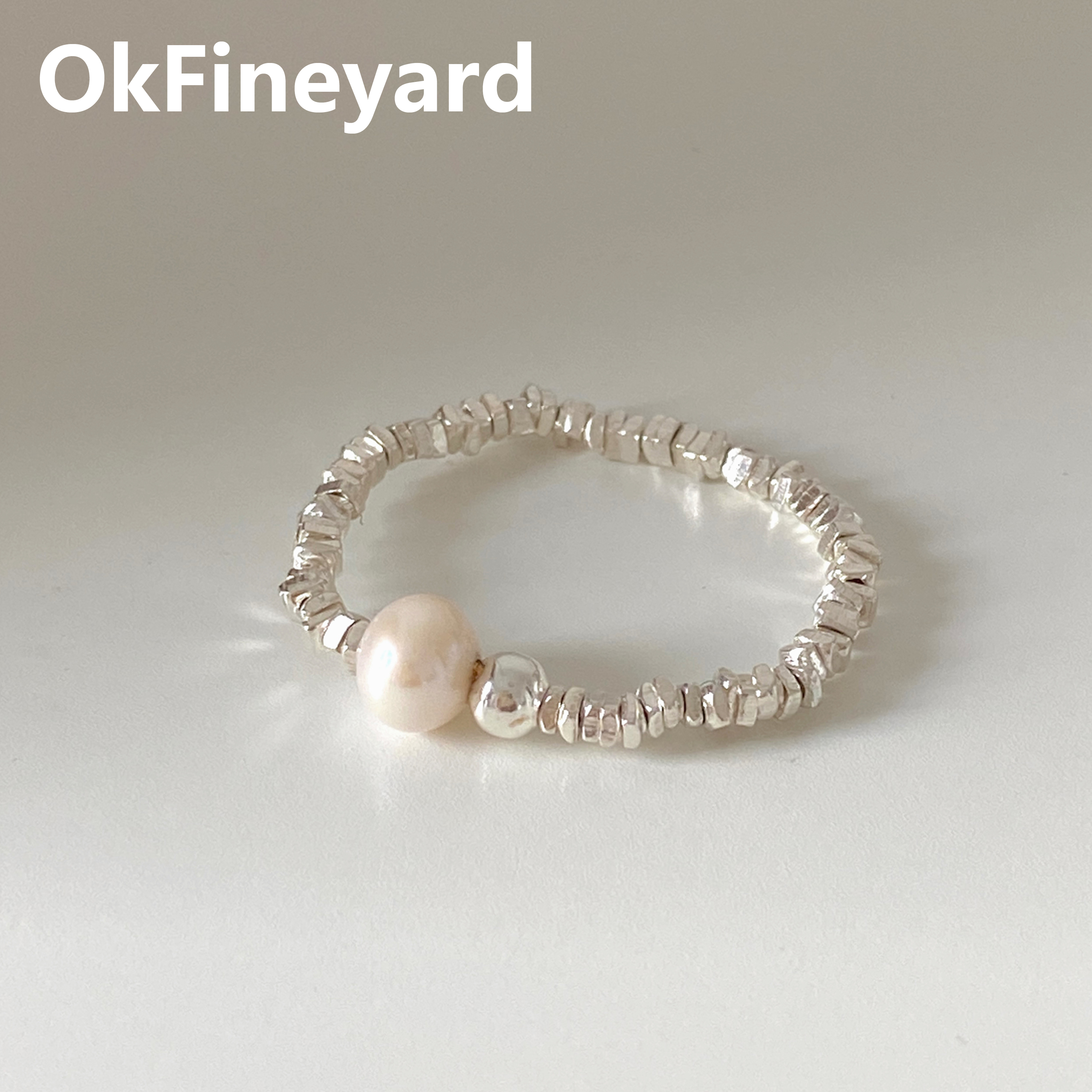 OkFineyard碎银子S925纯银戒指女天然珍珠串珠弹力绳指环轻奢小众