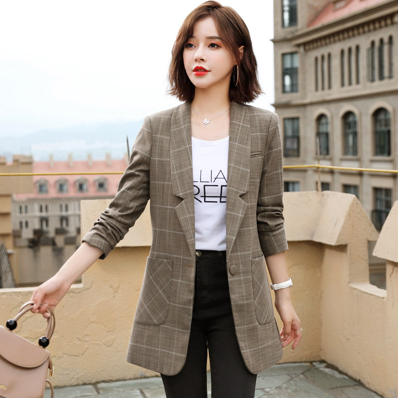 中长款小西装外套女2022春秋新款韩版气质英伦风格子休闲西服上衣