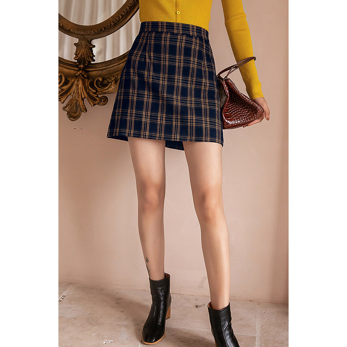 格子春秋新款设计感小个子半身裙