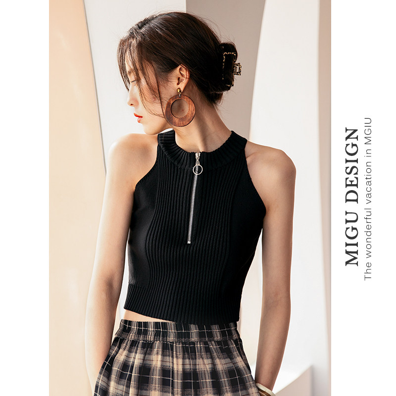挖肩针织背心女夏外穿小吊带黑色无袖t恤短款挂脖拉链上衣削肩