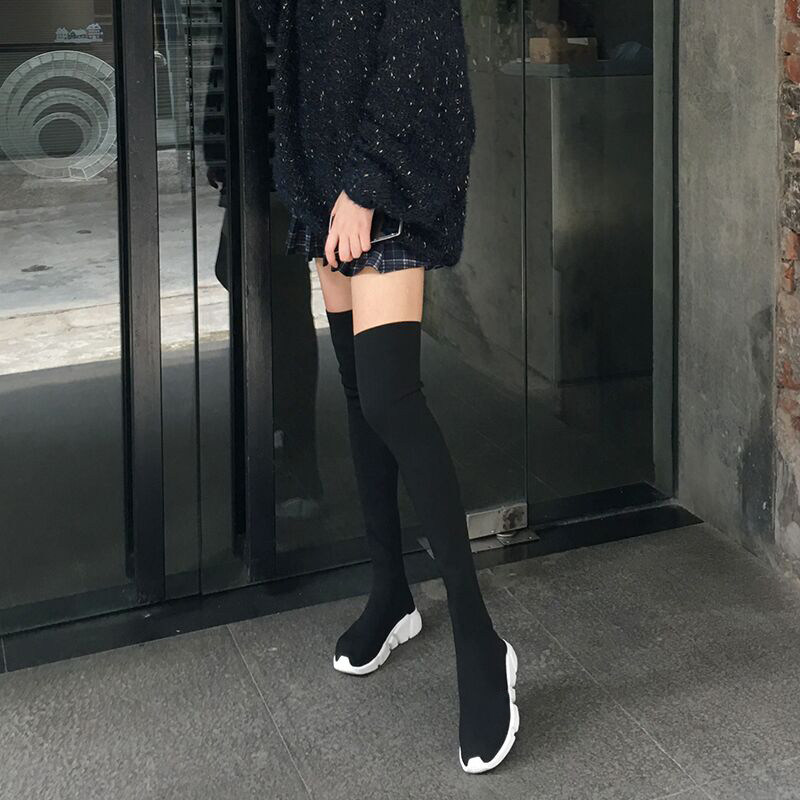 【大斌】过膝女长靴针织弹力袜子鞋女冬2018新款瘦腿长筒袜靴子